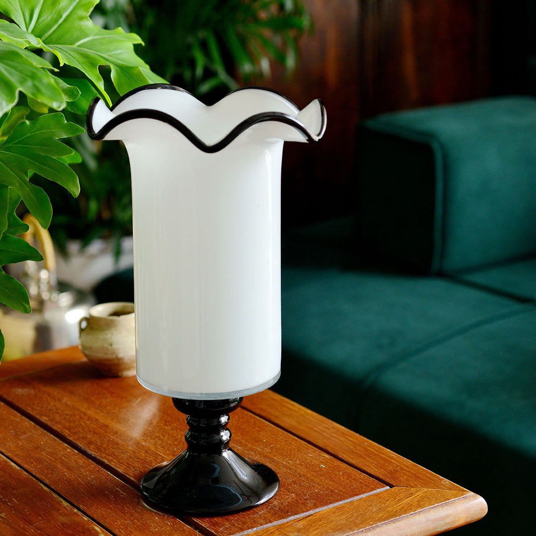 Handblown Fluted Pedestal Art Glass Trumpet Vase Stornfield