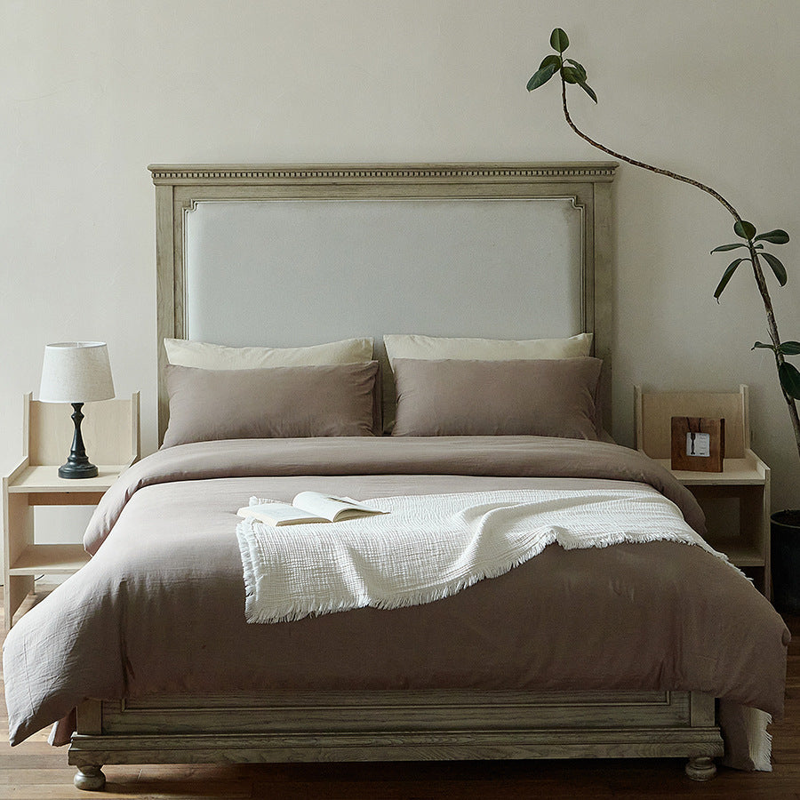 Light bed linen set made of washed linen-cotton blend with a natural texture