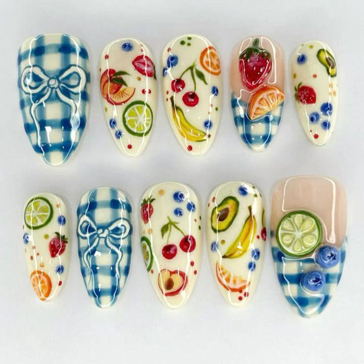 Artificial nails with fruity and checkered design Stornfield