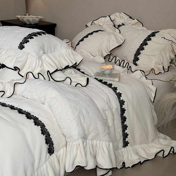 Luxurious Velvety Bedding Set with Ruffle and Floral Lace Border
