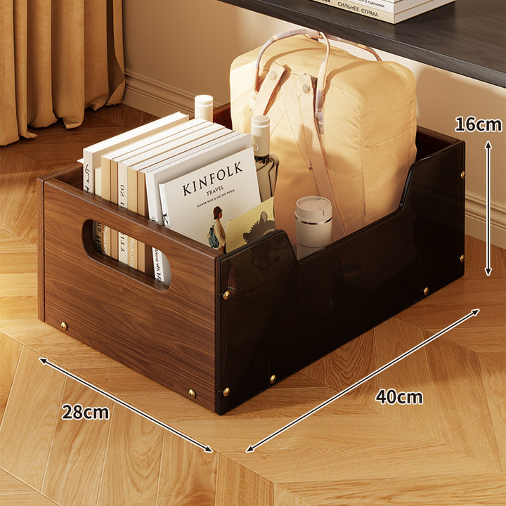 Mobile Wire Mesh Storage Crate with Walnut-Style Wooden Side and Locking Swivel Wheels
