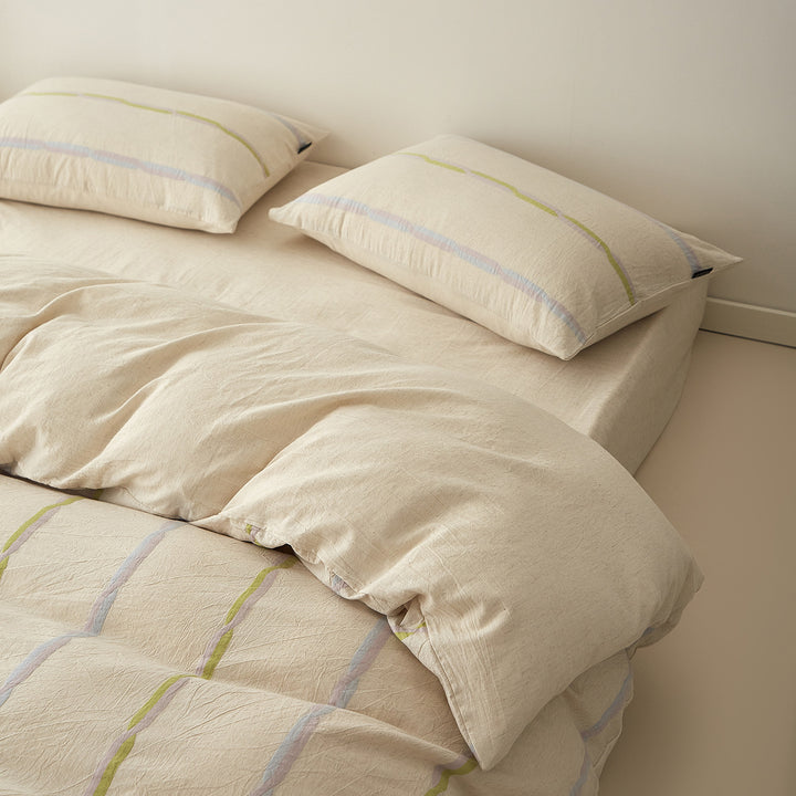 Stonewashed Cotton Linen-Blend Duvet Cover Set with Pastel Stripe Detail