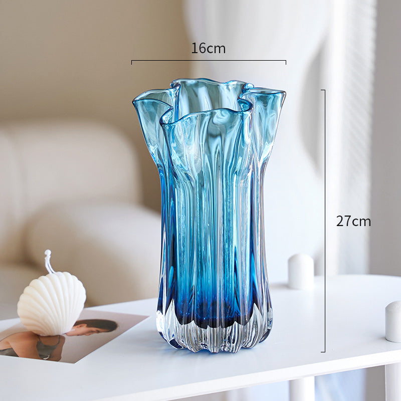 Handblown Ribbed Petal-Rim Decorative Glass Centerpiece Vase Stornfield