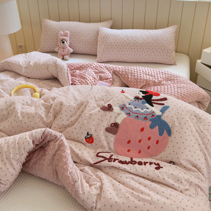 Plush Reversible Duvet Cover Set with Embroidered Rabbit Applique