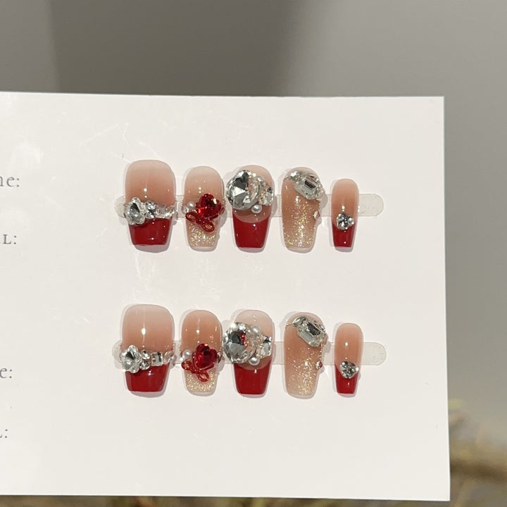 Decorative Press-On Nail Art Set with Gemstone Accents