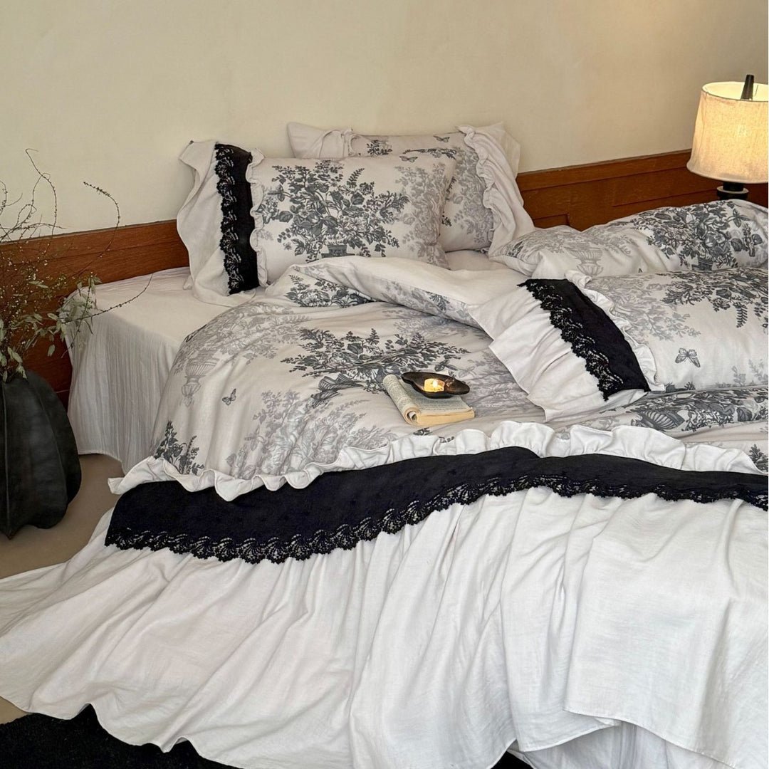 Ruffled Toile Floral Duvet Cover Set with Lace-Trimmed Bed Skirt & Decorative Shams