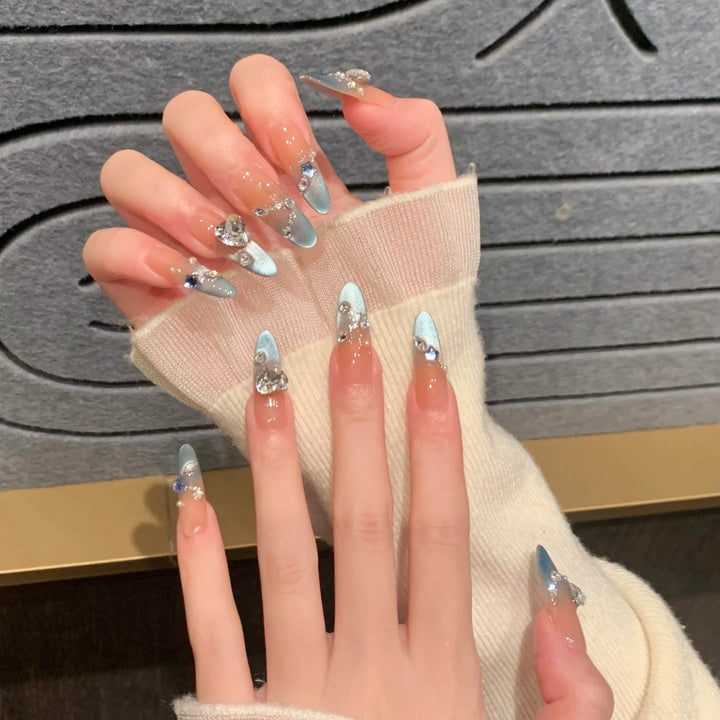 Artistic Press-On Nail Art Set with Floral and Gemstone Accents Stornfield