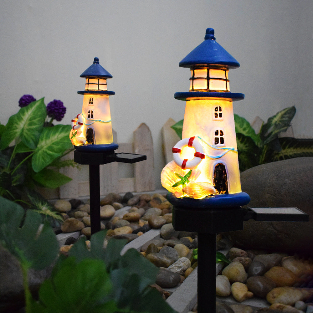 Resin Lighthouse LED Garden Stake Lamp With Integrated Solar Panel And Lifebuoy Ornament Stornfield
