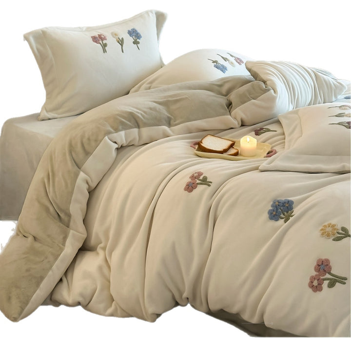 Embroidered Botanical Duvet Cover Set with Piped Edge and Pillow Shams