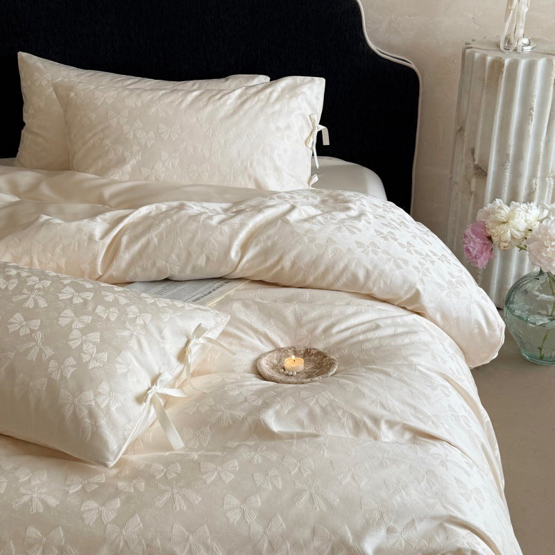 Jacquard Floral Tie-Closure Duvet Cover Set with Satin Fitted Sheet and Ribbon Ties