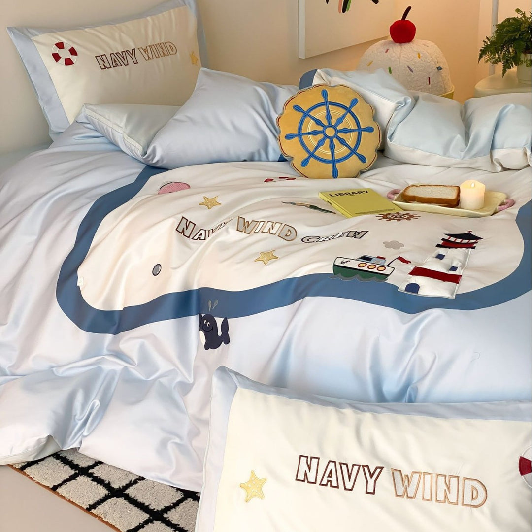 Children's Nautical Embroidered Cotton-Sateen Duvet Cover Bedding Set with Lighthouse & Ship Motifs