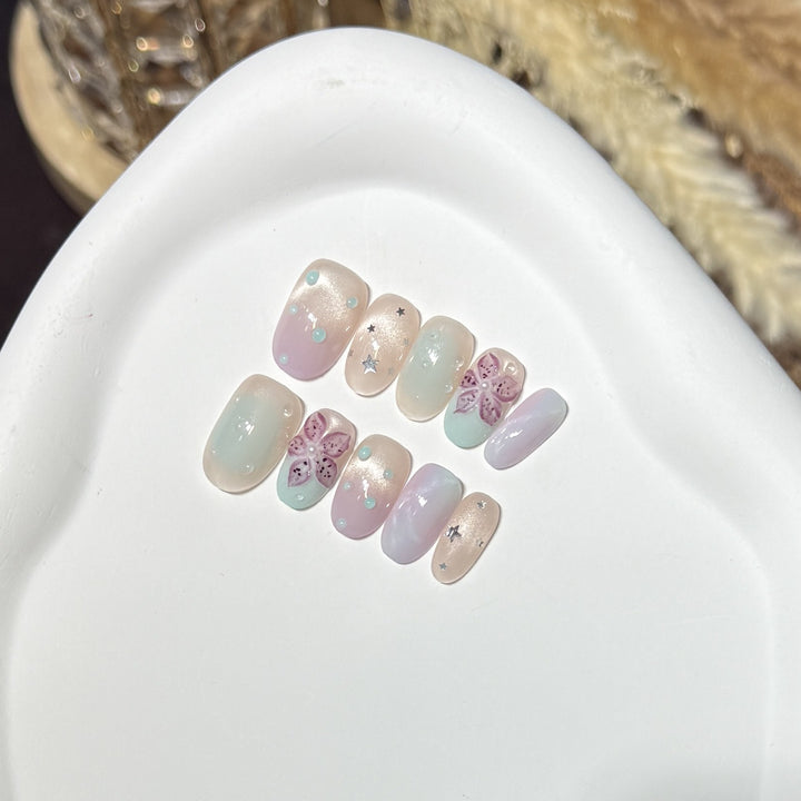 Floral-Inspired Press-On Nail Art Set with Star Accents Stornfield