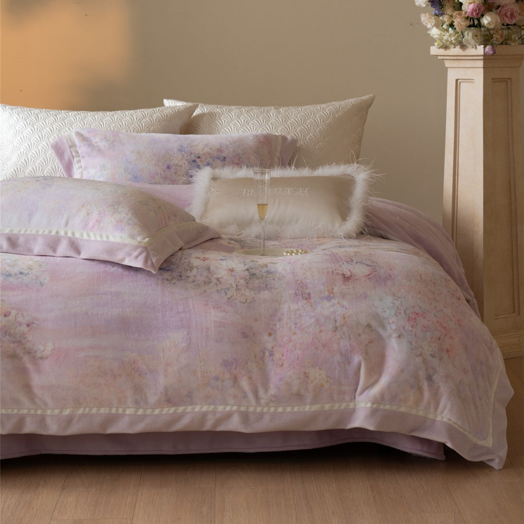 Pastel Watercolor Floral Brushed Microfiber Duvet Cover Set with Faux-Fur Accent Pillow