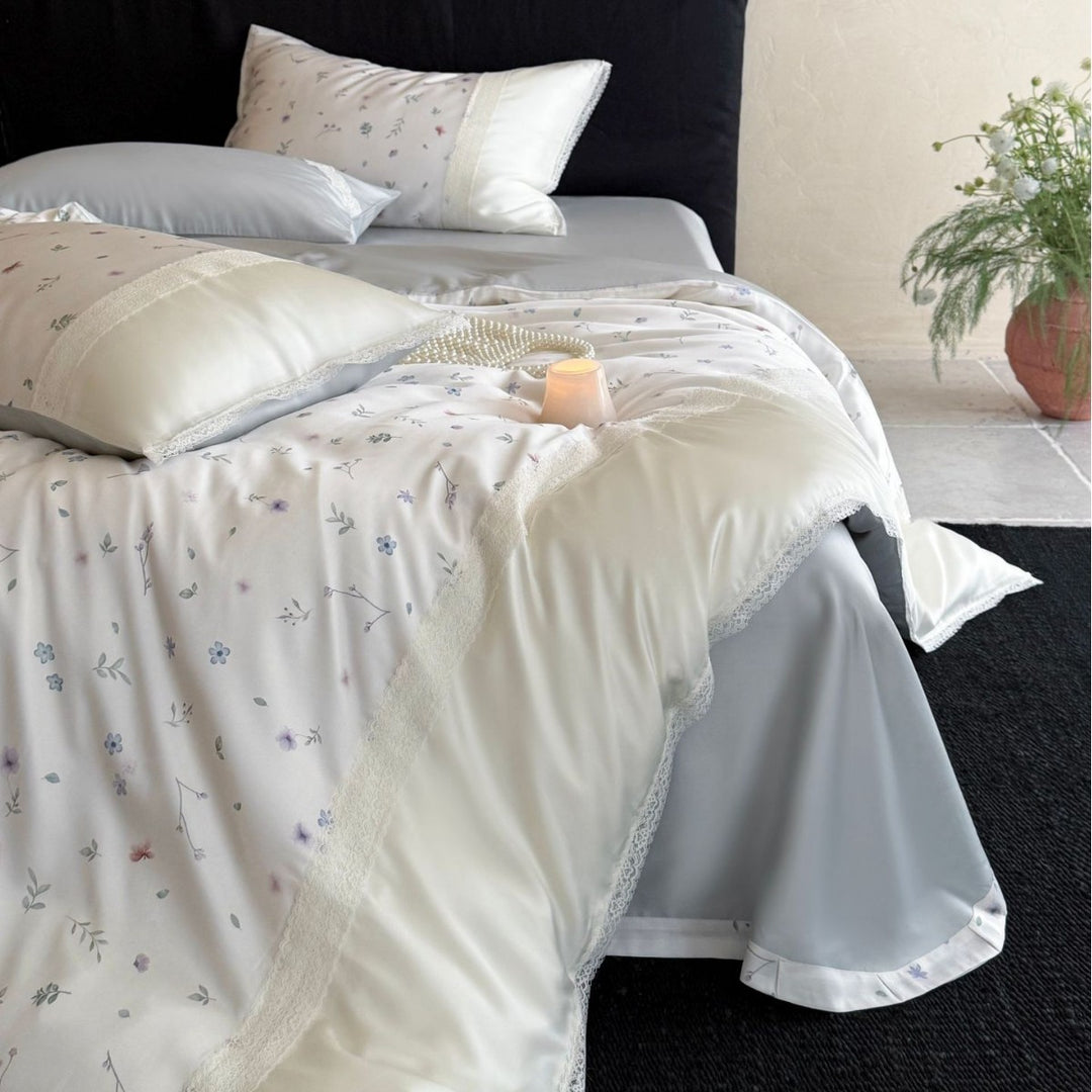 Finest cotton satin bedding set with delicate floral embroidery and lace border Stornfield
