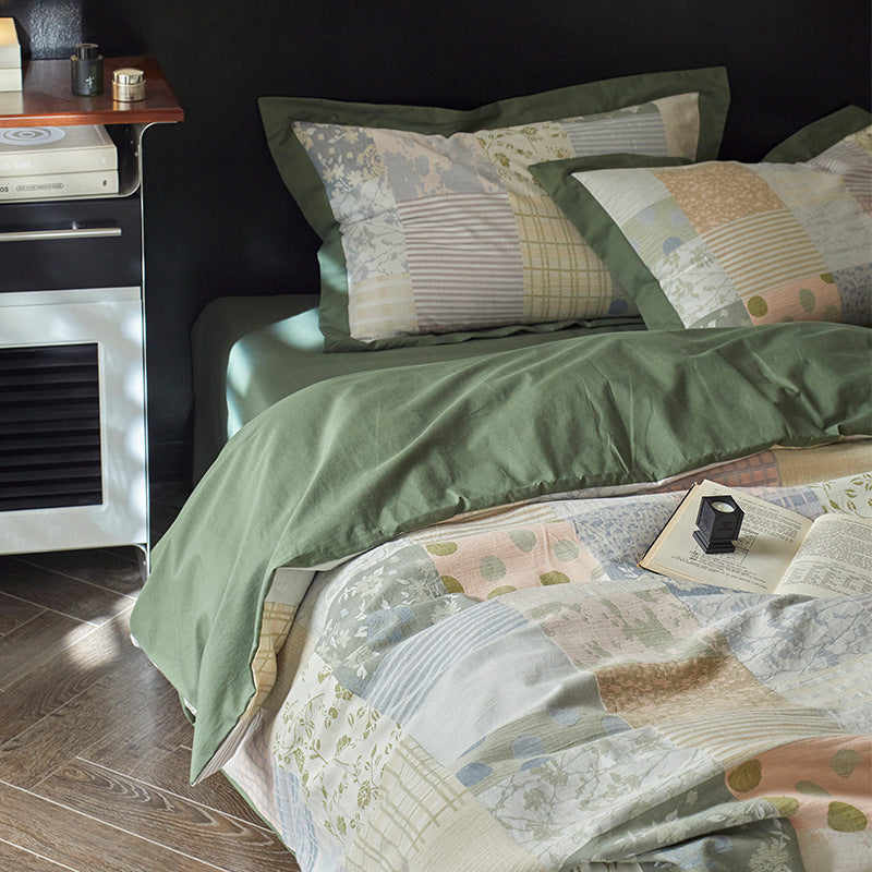 Reversible Cotton Sateen Duvet Cover Set with Patchwork Accent Pillowcases