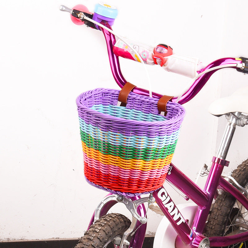 woven front bicycle basket with adjustable leather handlebar straps Stornfield