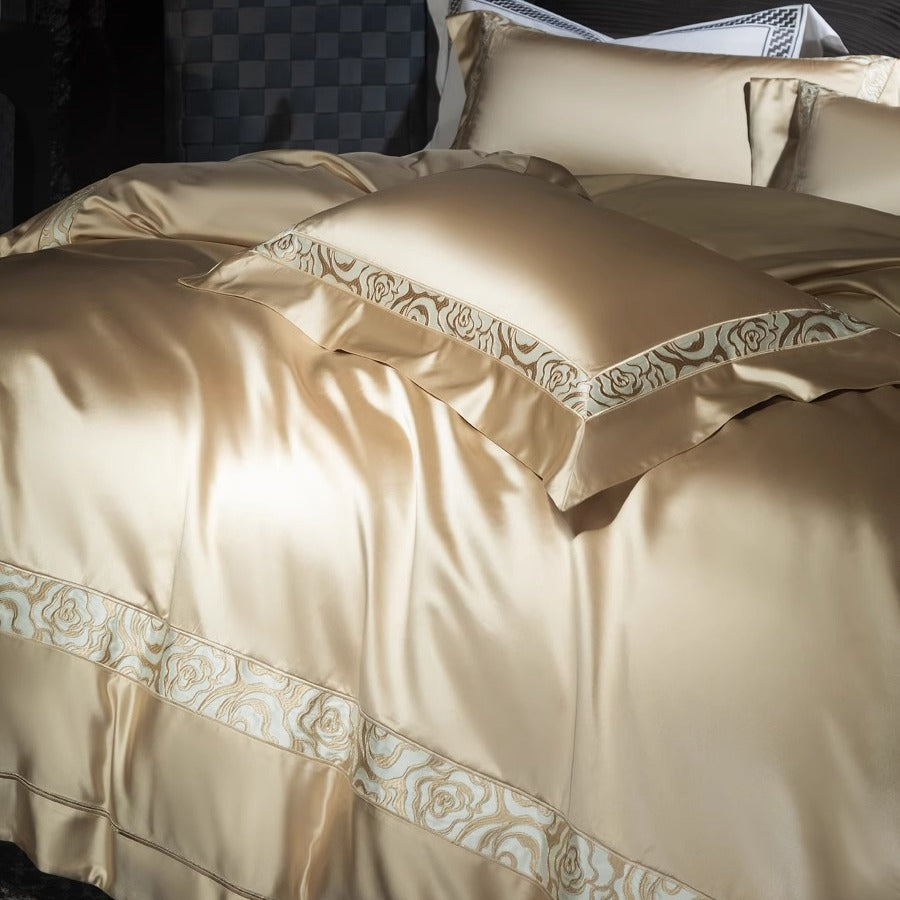 Luxury Satin Duvet Cover Set with Floral Jacquard Border