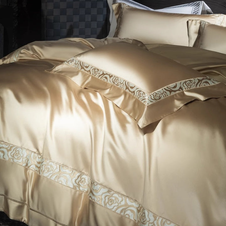Luxury Satin Duvet Cover Set with Floral Jacquard Border