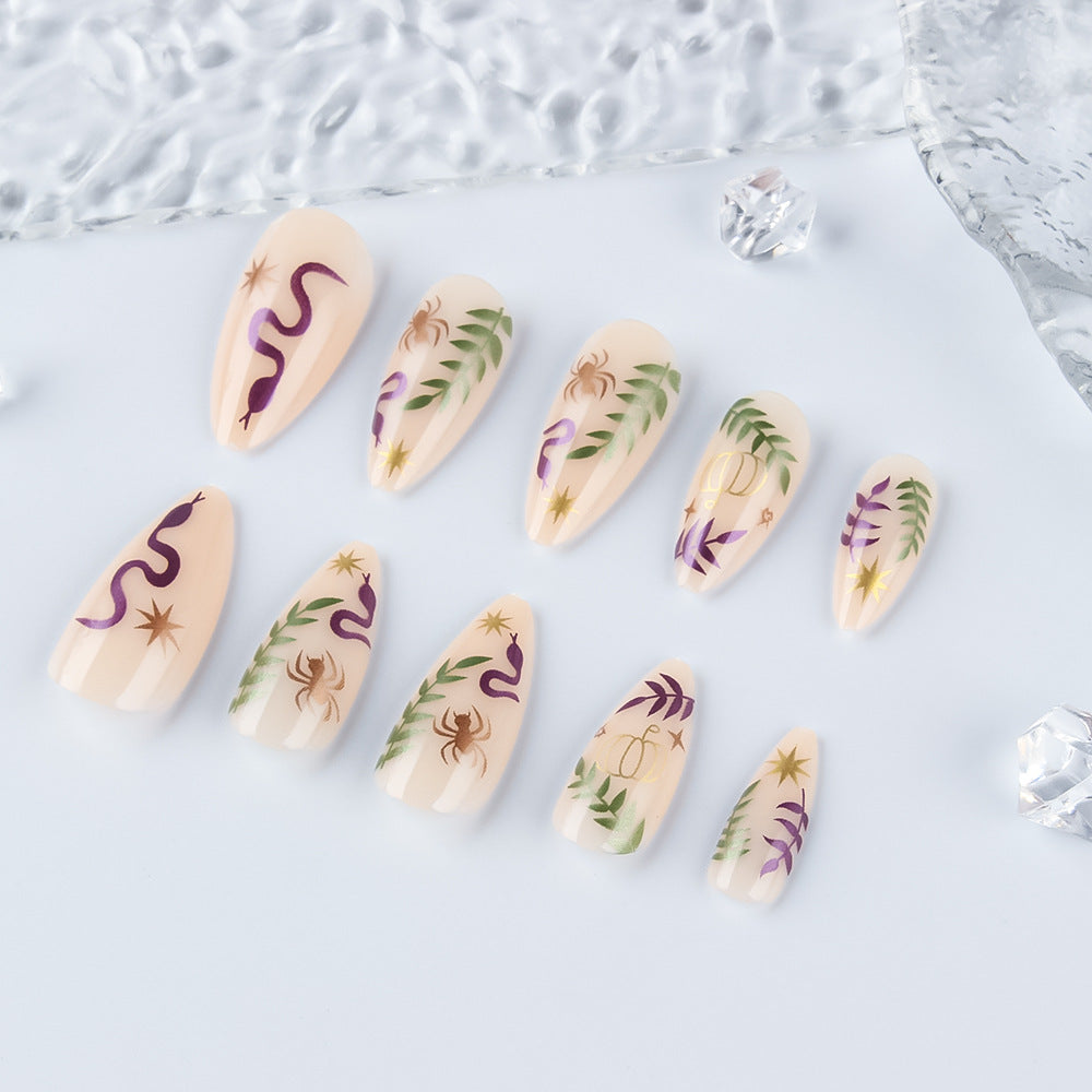 Artistic Press-On Nail Set with Halloween-Inspired Designs Stornfield