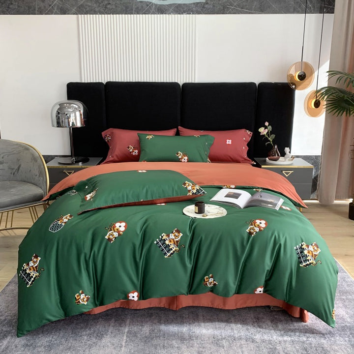 Panda Print Cotton Sateen Duvet Cover Set with Reversible Solid Backing and Button Closure