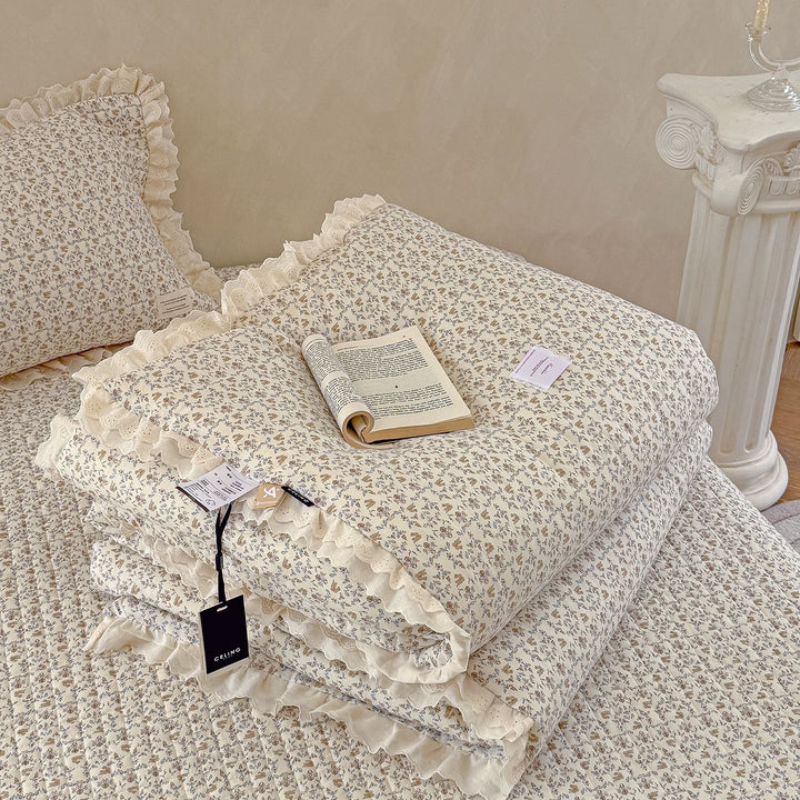 Quilted Floral Ruffled Bedding Set with Eyelet Lace Trim