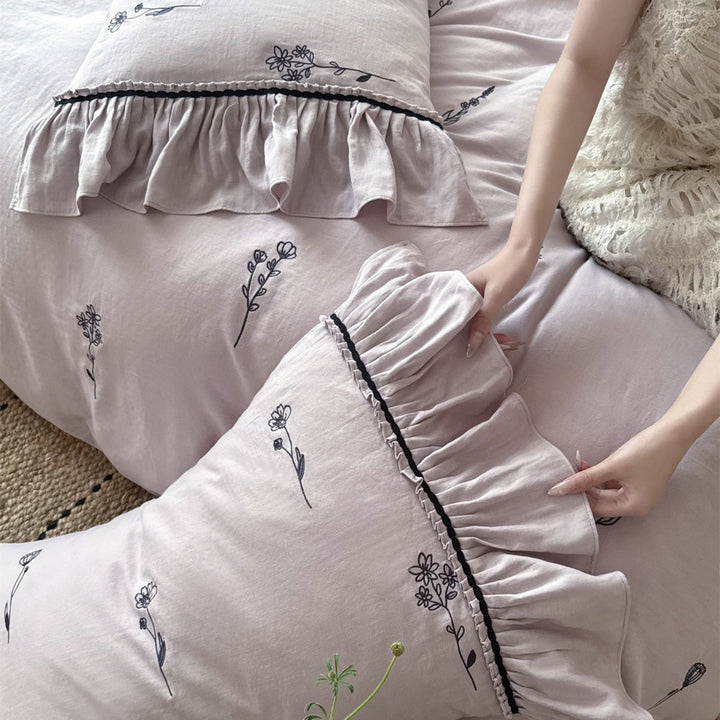 Embroidered Organic Cotton Duvet Cover and Ruffle Pillowcase Set