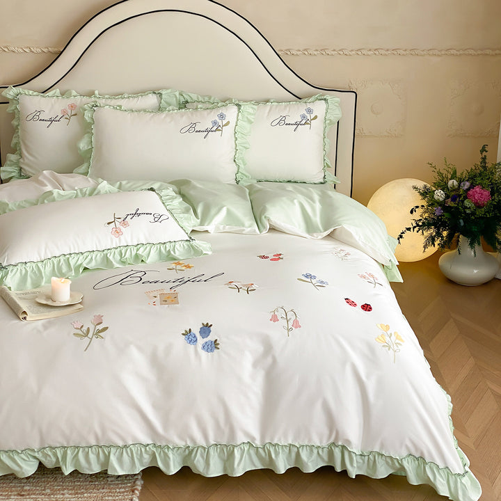 Ruffled Embroidered Cotton Sateen Duvet Cover Set with Floral Motifs