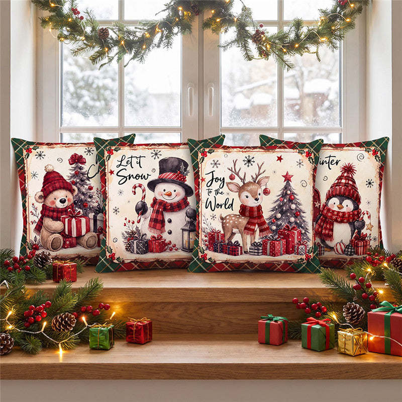 Festive Holiday Reindeer Decorative Square Pillow Cover with Plaid Border and Concealed Zipper