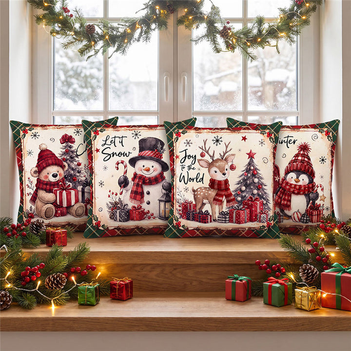 Festive Holiday Reindeer Decorative Square Pillow Cover with Plaid Border and Concealed Zipper