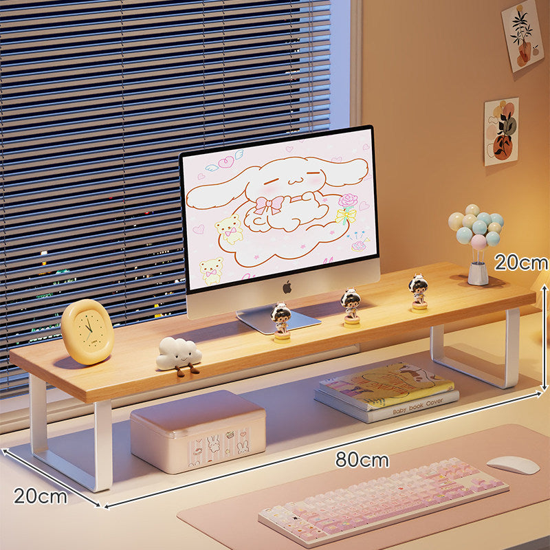 Low-Profile Wooden Monitor Riser with Metal Legs and Under-Shelf Storage