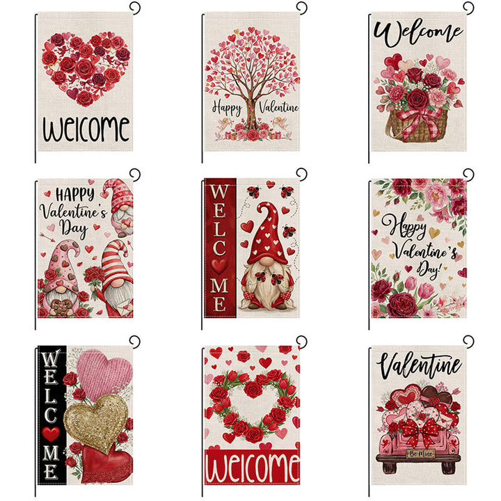 Double-Sided Burlap-Texture Rose Heart Wreath Welcome Garden Flag