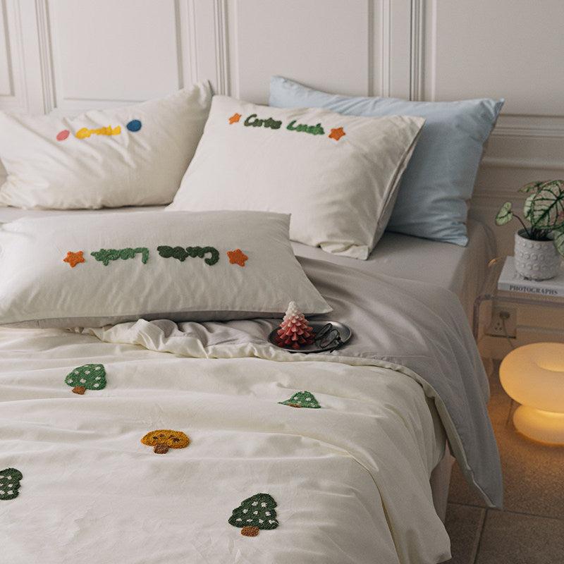 Embroidered Tufted Cotton Duvet Cover Set with Decorative Pillowcases