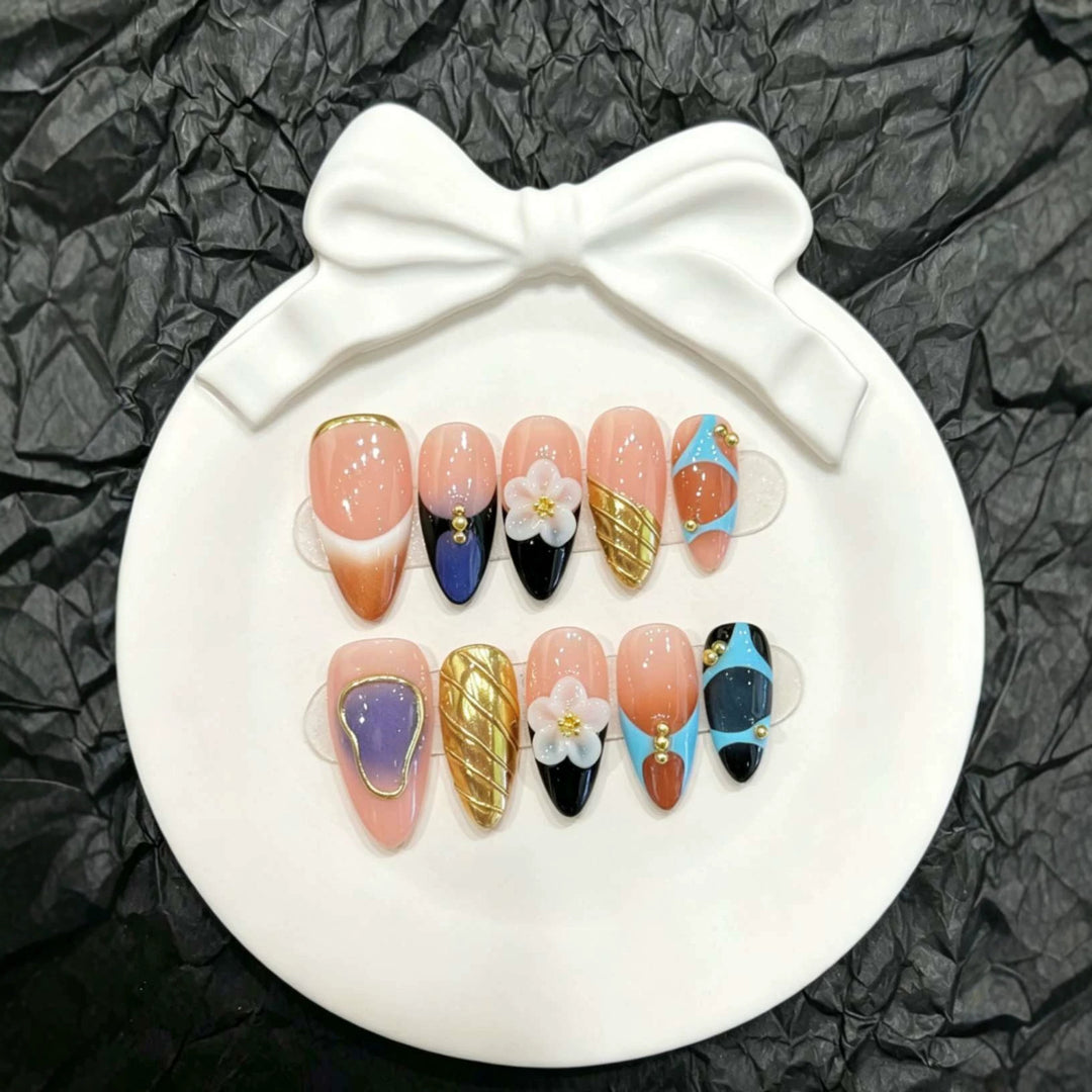 Decorative Press-On Nail Art Set with Floral and Geometric Designs