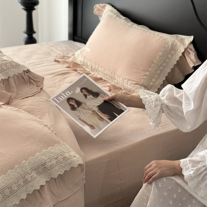 Ruffled Lace-Trim Cotton Duvet Cover Set with Decorative Pillow Shams and Bed Skirt