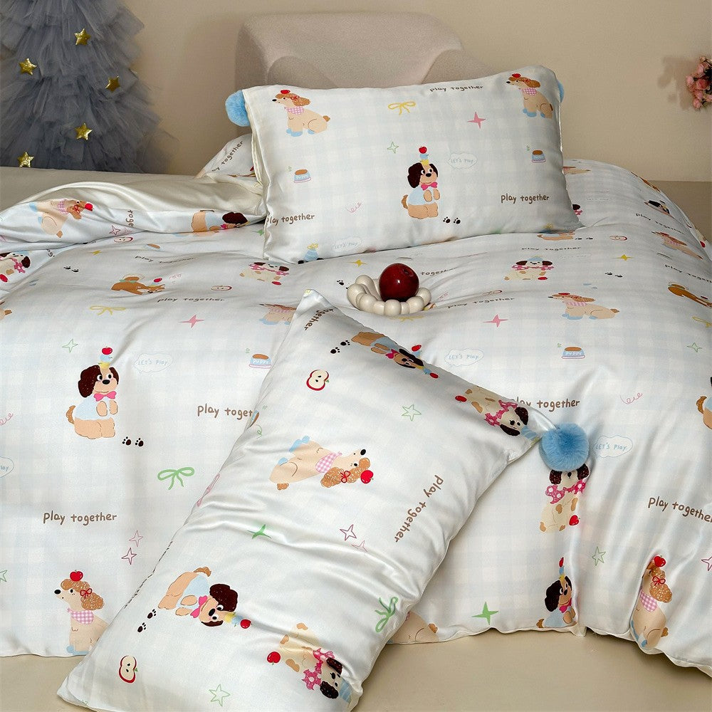 Children's bedding set with cute bunny & strawberry prints, reversible function and pom-pom cushion