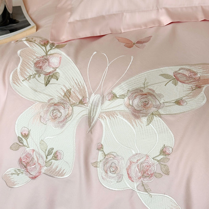 Embroidered Butterfly Cotton-Sateen Duvet Cover Set with Delicate Floral Stitching