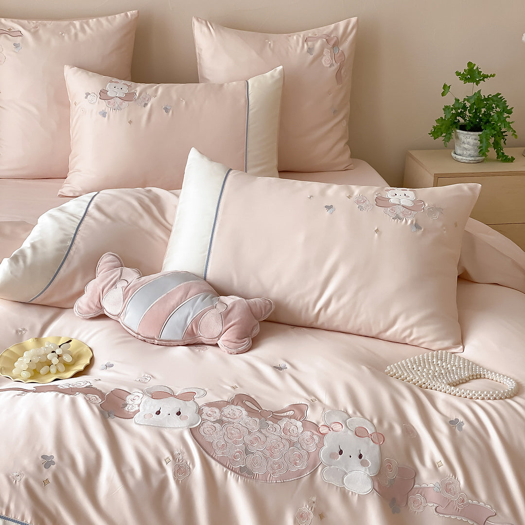 Luxury Satin Embroidered Duvet Cover Bedding Set with Decorative Pillow Shams