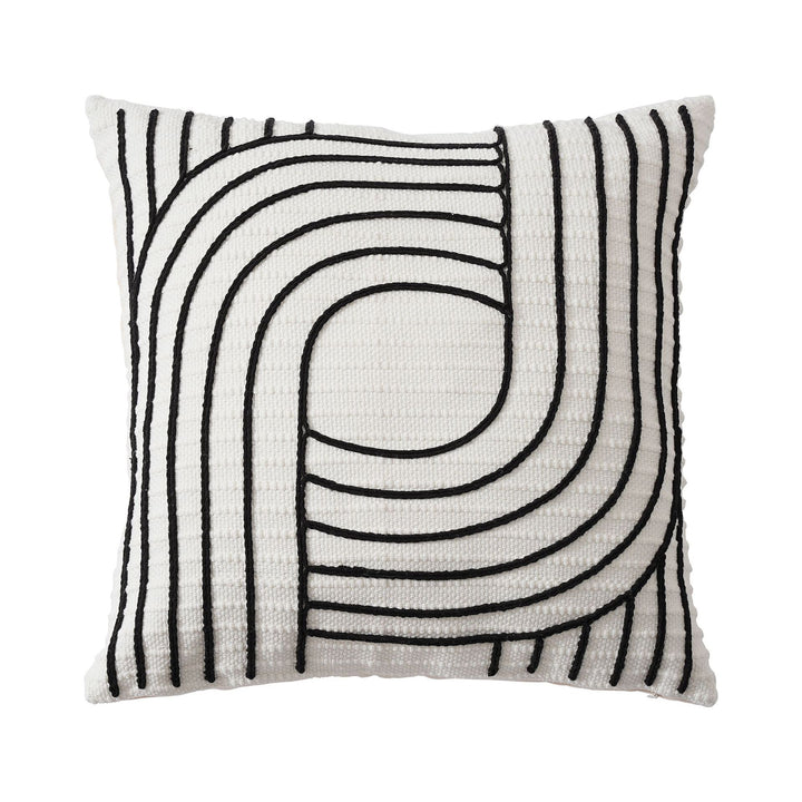 Decorative cushion cover with textured embroidery and geometric line motif