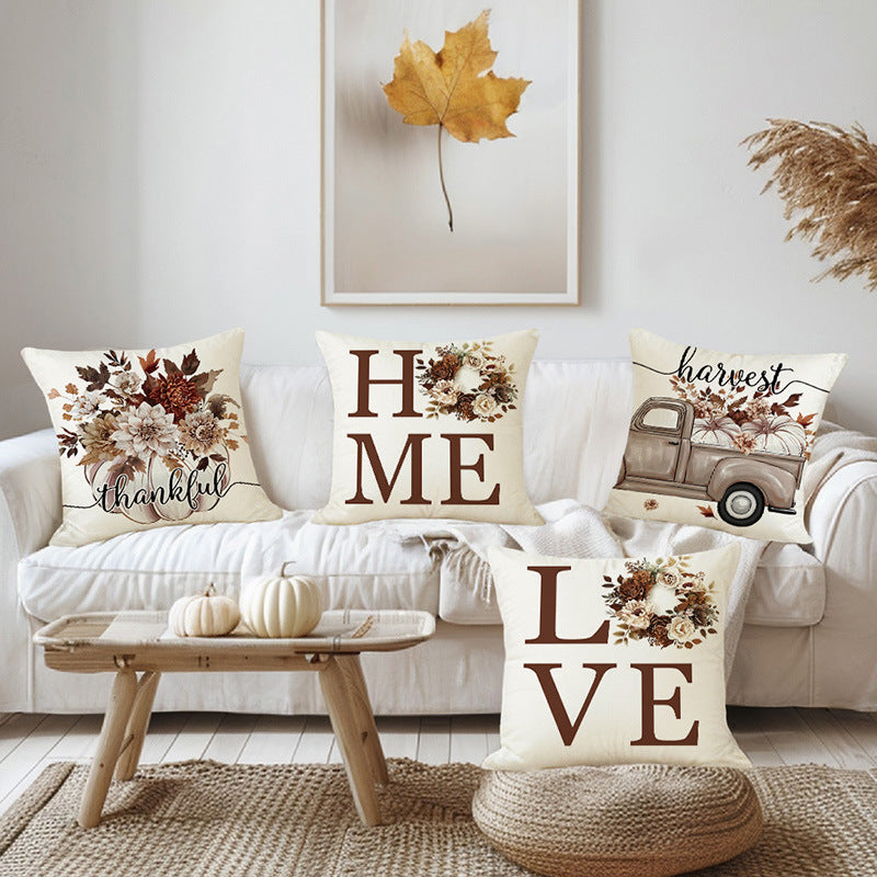 Square Cotton-Linen Throw Pillow Cover with Oversized LOVE Typography & Floral Wreath Print