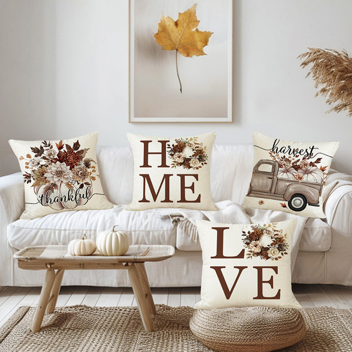 Square Cotton-Linen Throw Pillow Cover with Oversized LOVE Typography & Floral Wreath Print