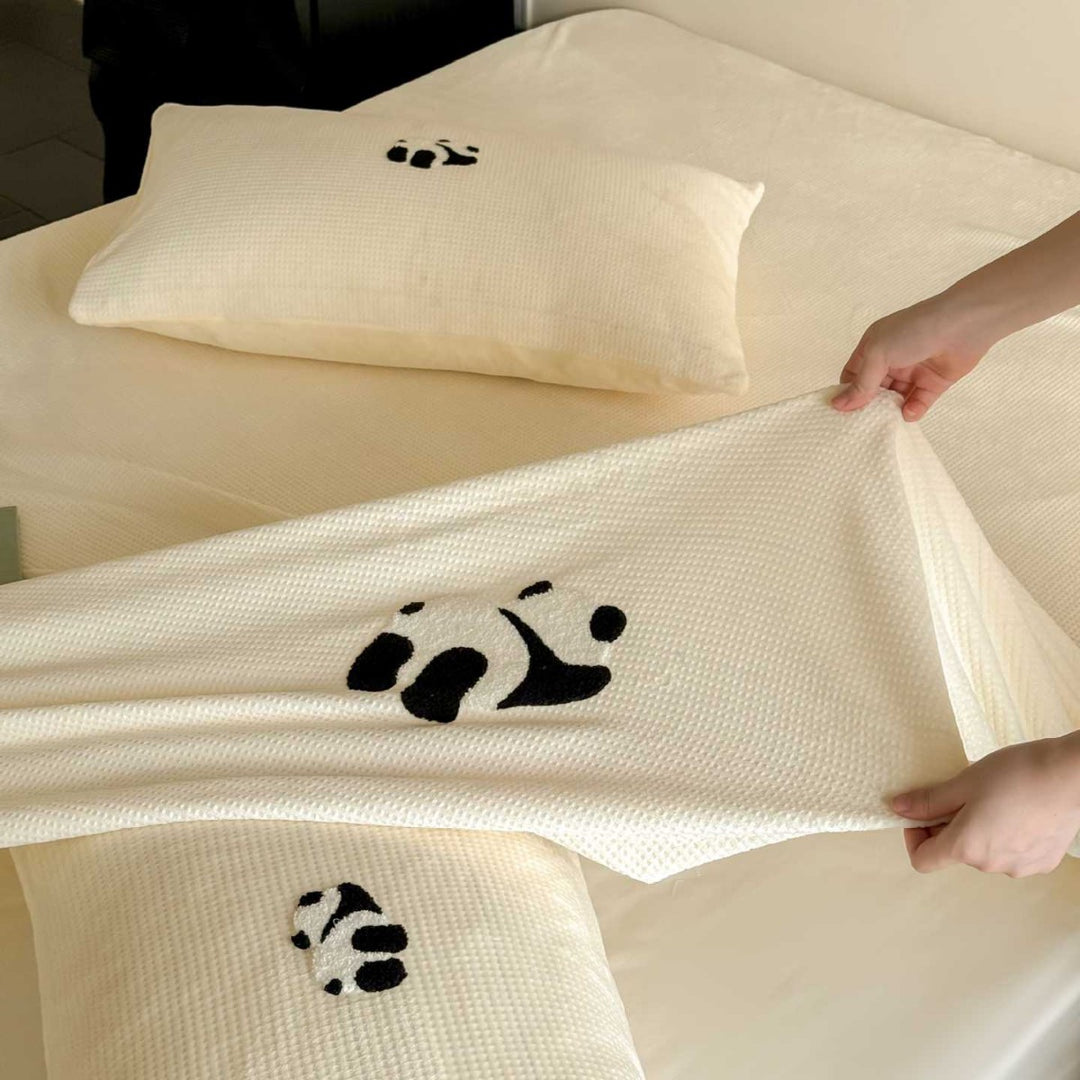 Corduroy Textured Fitted Bed Sheet and Pillowcase Set with Embroidered Panda Accents
