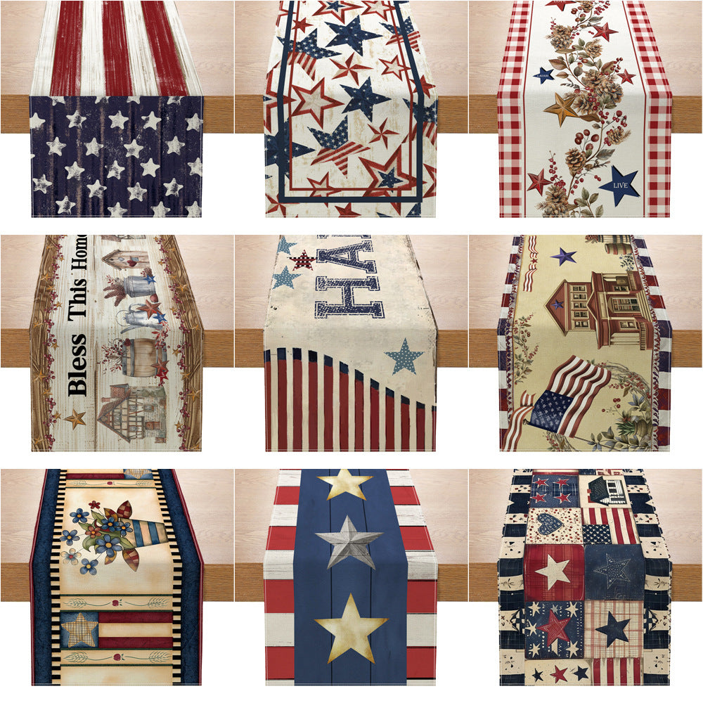 Distressed American Flag Cotton-Linen Table Runner with Patriotic Stars and Stripes Print