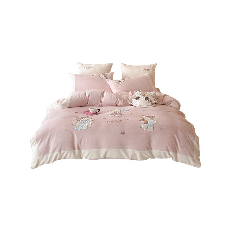 Plush Microfiber Reversible Duvet Cover Set with Embroidered Cartoon Kitten and Sherpa Trim