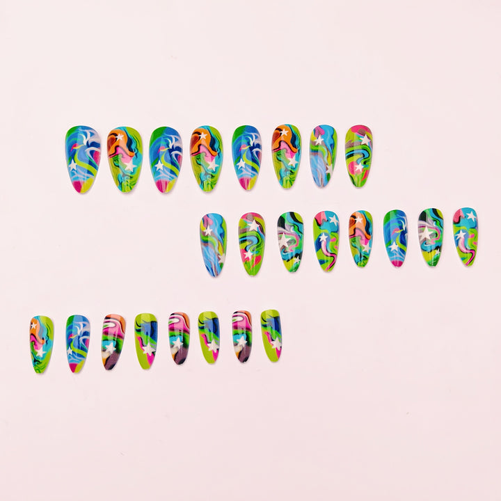 Artificial nails with creative gradient color and star motif Stornfield