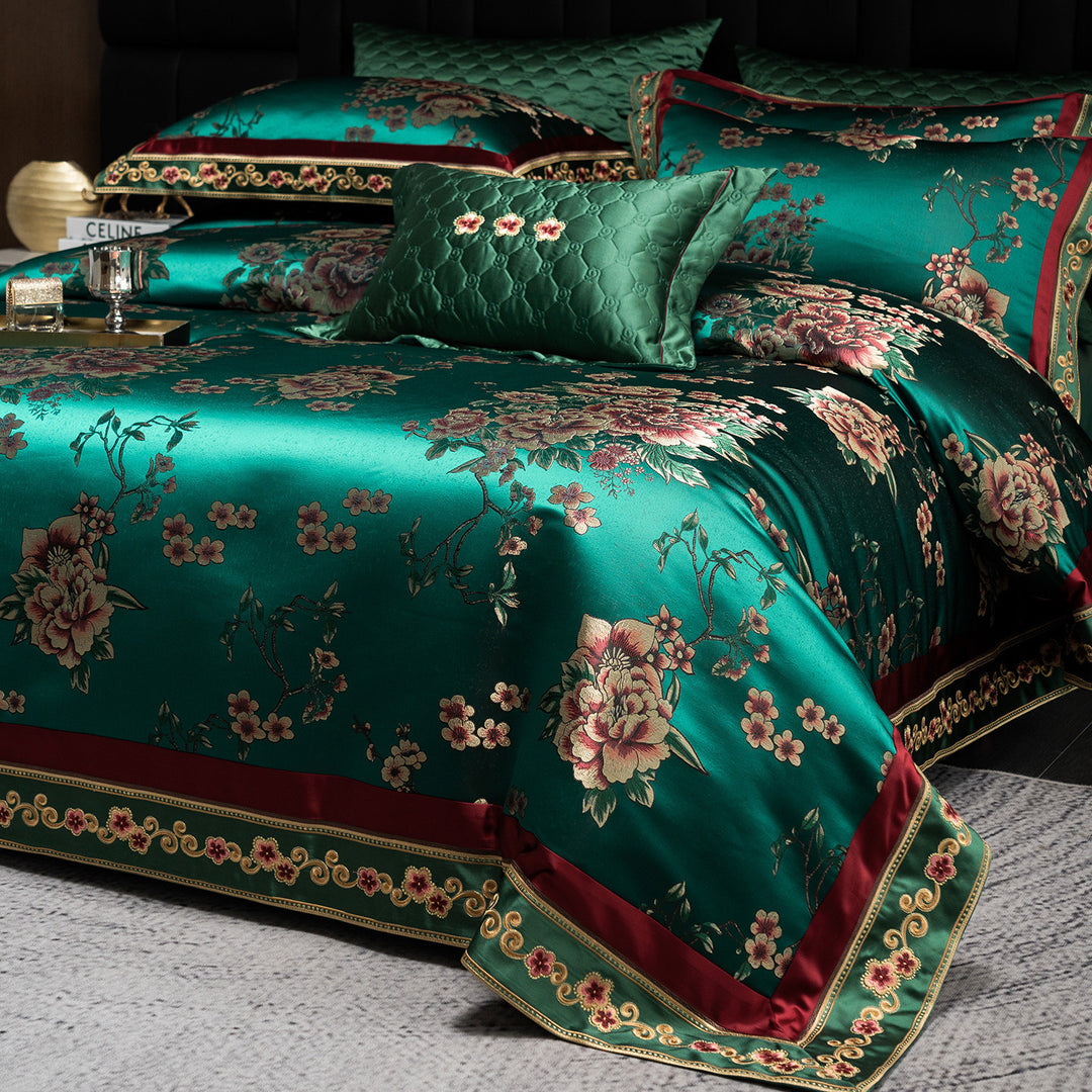 Luxury Satin Floral Jacquard Duvet Cover Set with Quilted Accent Pillow