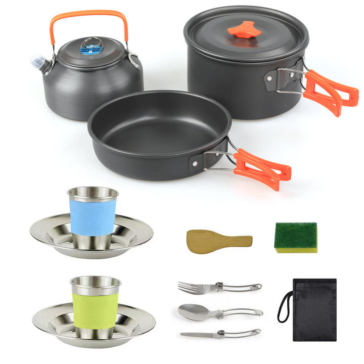 lightweight hard-anodized camping cookware set with folding handles compact kettle and stainless cup plates Stornfield