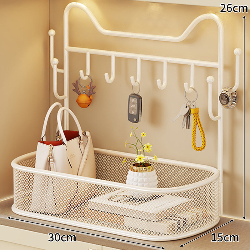 Wall-Mounted Entryway Organizer with Mesh Basket and Multi-Hook Rack