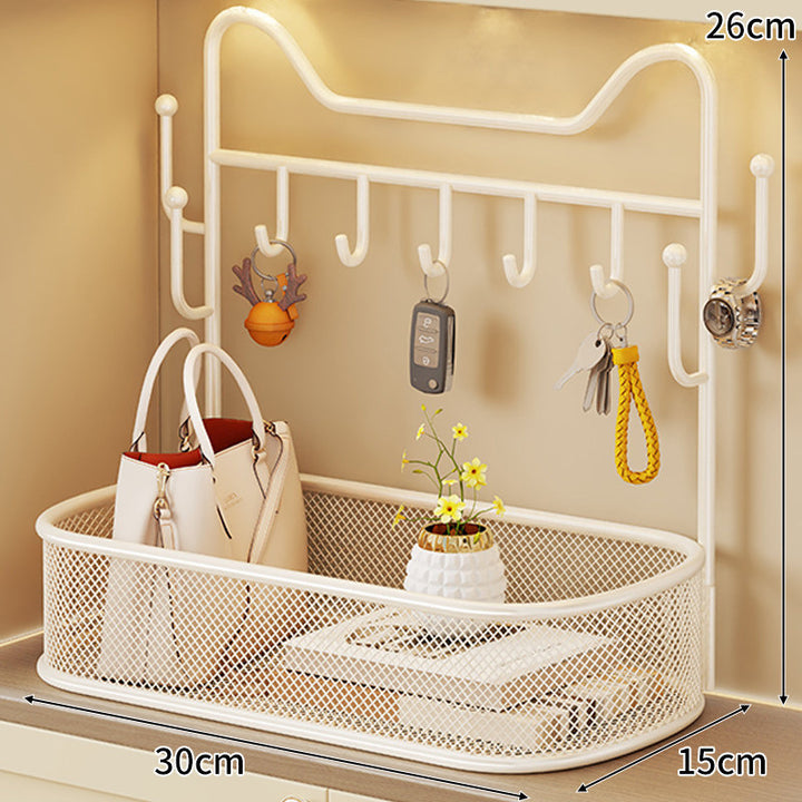 Wall-Mounted Entryway Organizer with Mesh Basket and Multi-Hook Rack