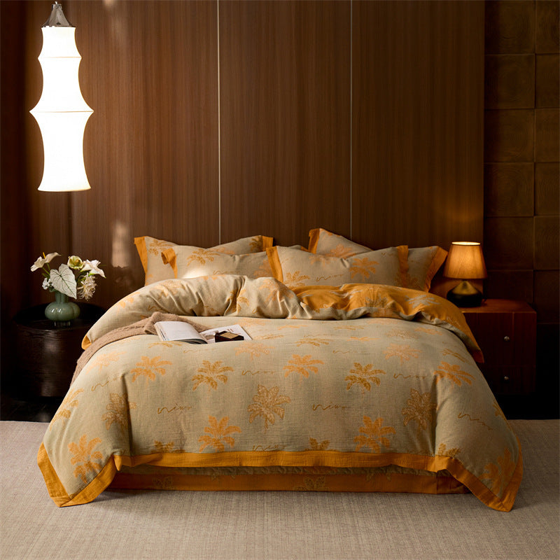 Duvet cover set made of densely woven cotton satin with ornamental jacquard pattern and reversible function