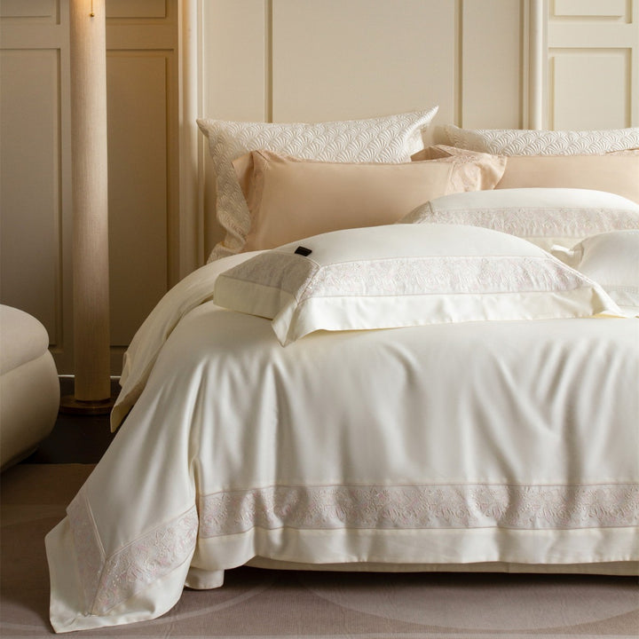 Silky Sateen Duvet Cover Set with Floral Lace Inset and Deep-Pocket Pillow Shams